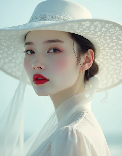 Arabian Woman Wearing a White Hat and Dress with Red Lipstick, pale white skin like porcelain , Gwaiz, Gwaiz masterpiece, artwork in the style of Gwaiz, Soft Portrait Shot 8K, Pale young ghost girl, white skin like porcelain , by Russell Dongjun Lu, It loo...