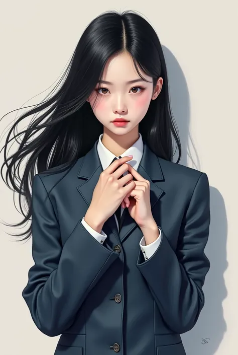 a beautiful Korean girl wearing a prefect Korean highschool outfit,She has a flowing black hair in a hush cut, She has a stern expression, both of her hands resting on her chest, Ultra realistic, super detail 