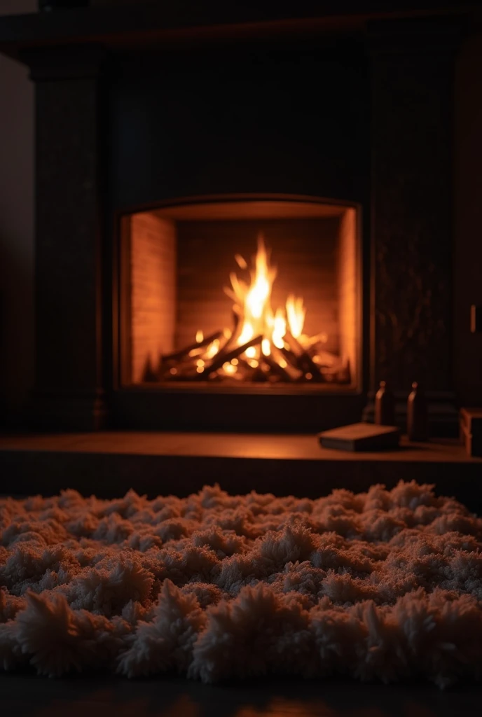 Dark room with a burning fireplace. shaggy rug 