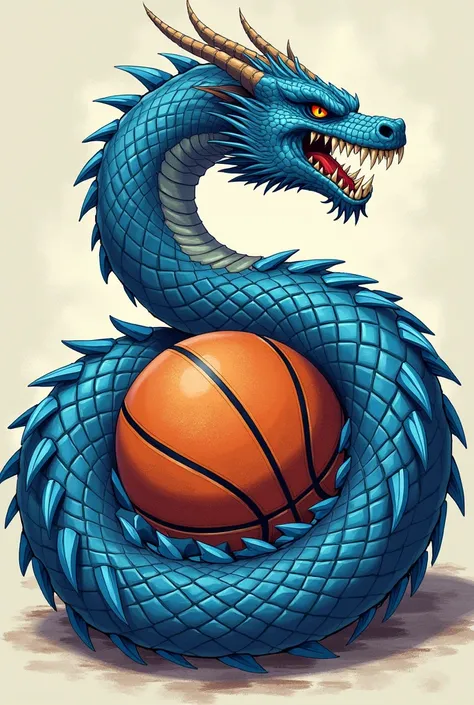 draw a sketch of a blue dragon snake wrapped around a basketball with an angry face