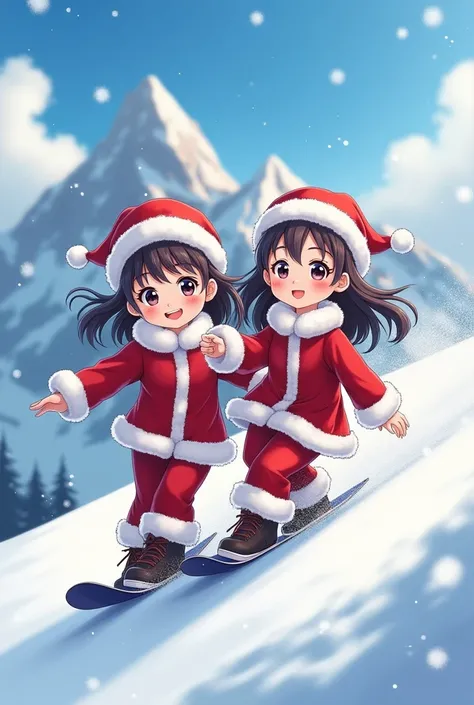 Anime Twin Beautiful Elementary School Sisters Are Snowboarding Dressed as Santa Claus