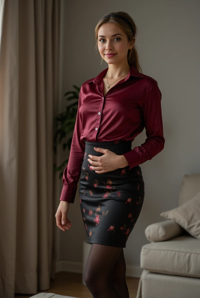 ultra Realistic upper body of a beautiful young German woman with ponytail, headband, Necklace, smile. Beautiful legs and high heels , She stands in the livingroom, She wears a burgundy satin shirt with buttons and a tight, black knee-length flower print s...