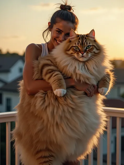 30-year-old North American woman holds with great effort in her arms a gigantically colossal Persian cat with a fat aesthetic with apparently noticeable obesity of the enormous feline, ultra-realistic photograph of extreme intense realism, frontal angle of...