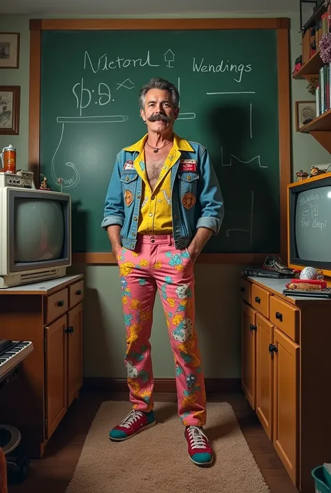 Create the image of Alberto, a middle-aged man in an eighties costume, all this in a shrunken living room of the time in front of the blackboard with the shadows of the teachers