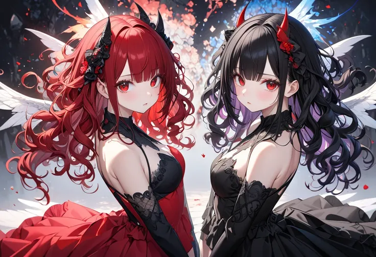 (beautiful and delicate) (Spectacular views illustration), in, (Twin sisters, age 15), (a girl is angel and another girs is devil), (Standing each back to back style), (((Each girl has a unique appearance))), break, a (delicate curly vivid black hair long ...