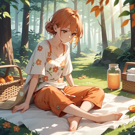 A young woman sits on a soft blanket in a serene forest, bending slightly as she carefully stacks wooden blocks in a game reminiscent of Jenga. She wears a stylish floral top and bright orange shorts, adding a playful touch to her relaxed outdoor setting. ...