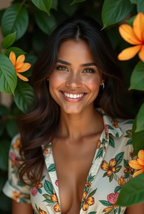  A Brazilian woman in a lush tropical garden,  wearing an open shirt with floral print ,  with a close up capturing the harmonious beauty between her breasts and natural flowers,  showing your natural charm and outgoing personality.