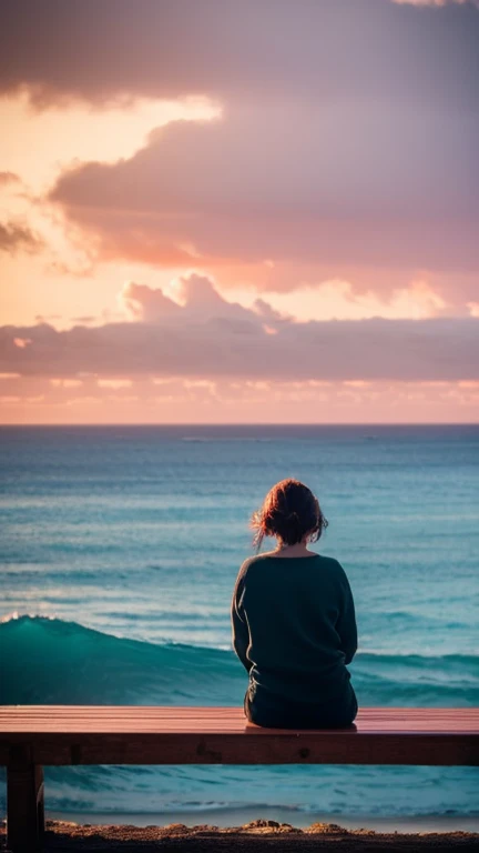 arafed woman sitting on a bench looking out at the ocean, a picture inspired by Storm Thorgerson, unsplash contest winner, visual art, looking out over the sea, looking out at the ocean, looking at the ocean, looking out, looking out a window, girl looking...