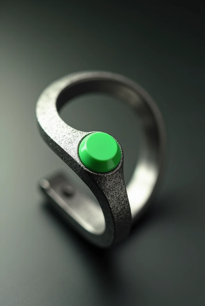 silver bracelet with green button in the middle. It is a health-monitoring bracelet that tracks your vital signs. Make it more stylish