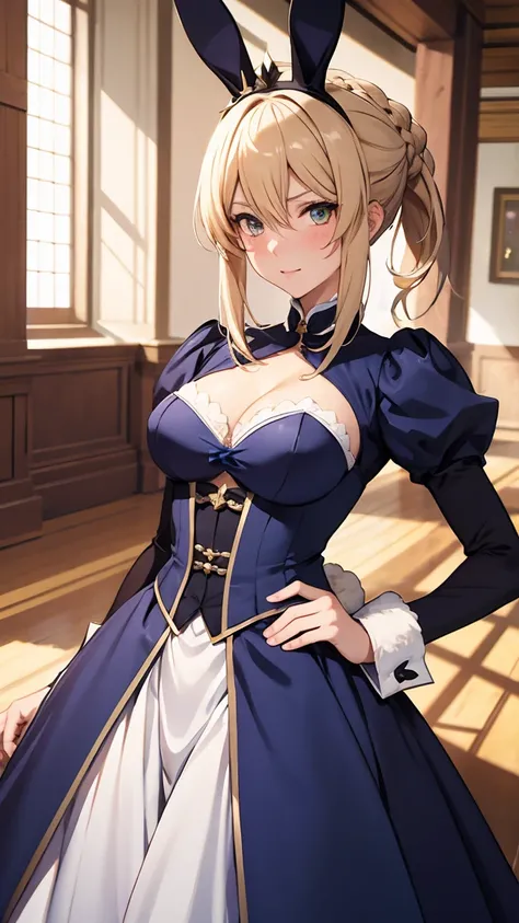 Artoria the Rabbit&#39;s Hairstyle, Costume Rabbit Arthur,  1 girl , pectorals, Alone,  blonde hair ,  green eyes, French  woven s,  long hair,  big full breasts ,  clevis,  ponytail, sidelocks, Bans, belly button,   viewers of Nagabijin , bare shoulder,  ...