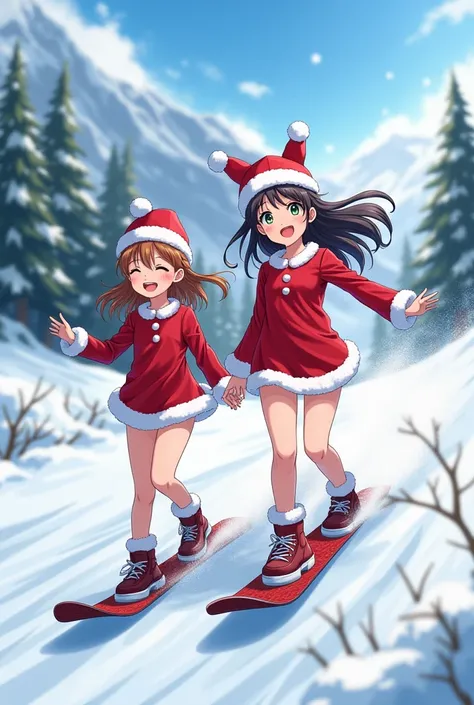 Anime Twin Beautiful Elementary School Sisters Are Snowboarding In Santa Claus Swimsuits