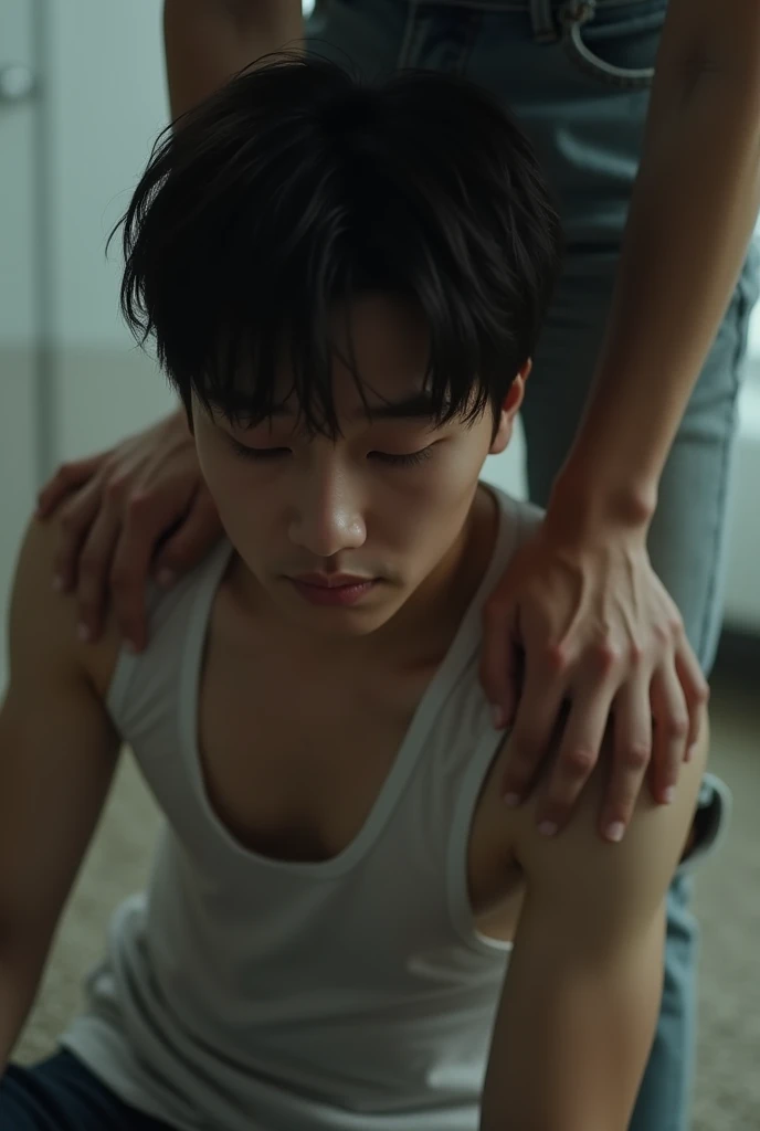 The handsome young 20-year-old Korean national wept, wearing a tank top, crawled down between the legs of another man, showing defeat.