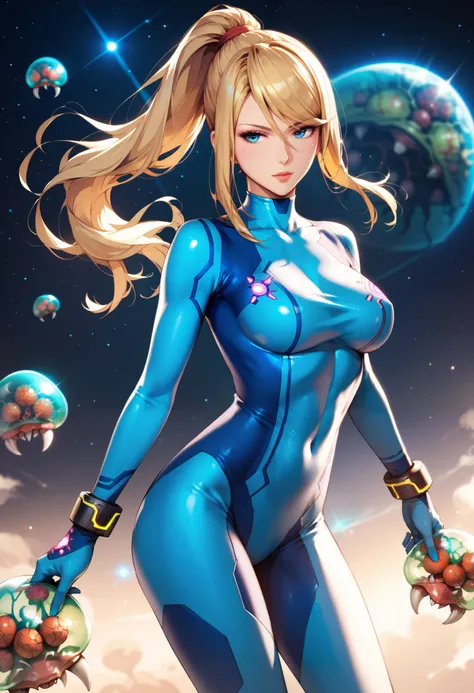 sfw, anime style, extremely detailed CG, high resolution, best quality, masterpiece, single woman, Samus (Metroid), blue eyes, (beautiful detailed eyes: 1.4), blonde hair, hair tied back, blue monosuit, slim waist, long legs, bending, space