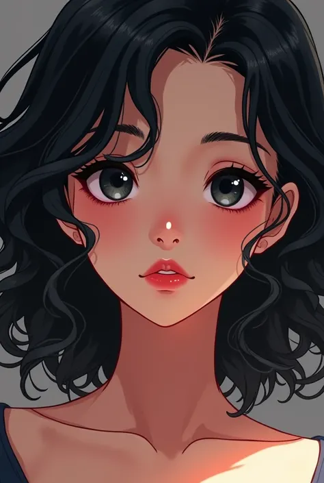  Anime image of a 30-year-old medium-dark complexion woman, with
 pretty curly black hair , black slanted eyes,  very beautiful lips pronounced 