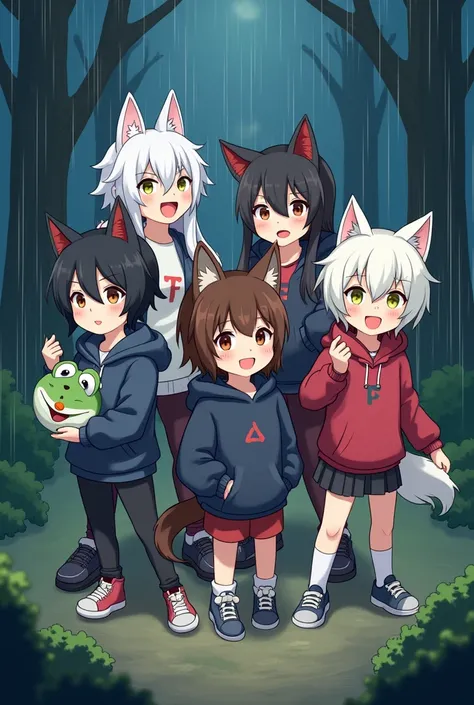 A black-haired tomboy with the ears and tail of a black wolf with a black jacket next to him a white-haired woman with white wolf ears and tail with a black shirt behind them a black-haired man with black horns and a clown nose with a black jacket with spi...