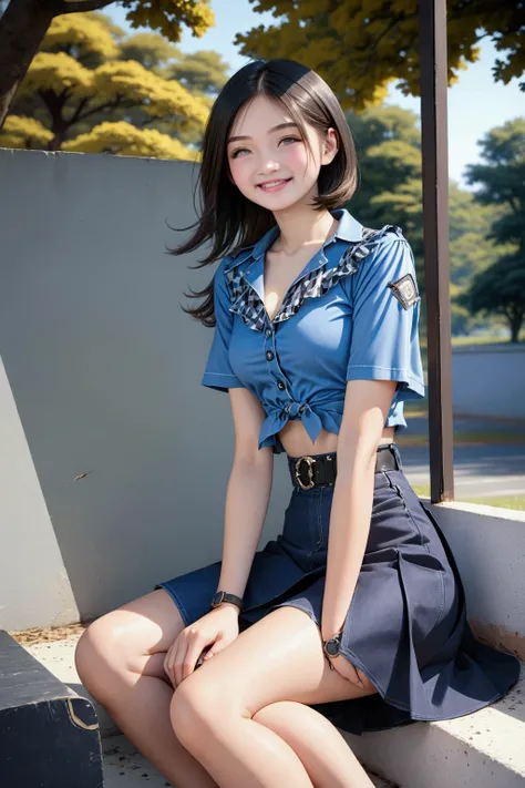 smiling young woman, sitting posed, window, seeing trees, (+forehead, shoulder-length hair, black hair), wear light-blue shirt (+short puff sleeves shirt, collared shirt, open shirt, exposed black and white checkered top), dark-blue denim skirt, black belt...