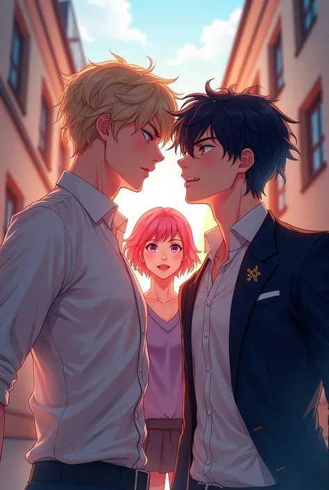 [Bl anime style]
Aleo: Blonde guy, ocean blue eyes, idol, Chinese.
Julian: Black hair man, Gold eyes, more tall than Aleo, dominant.

Julian and Aleo are fighting over a pink-haired woman at school.