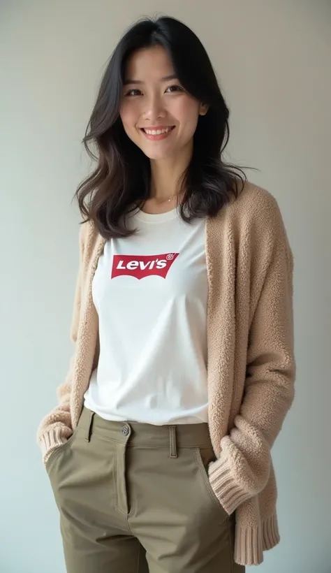 GLOBAL WORK Headshot of a Japanese woman wearing a cardigan and wearing a Levis t-shirt wearing chinos that stand up facing the front