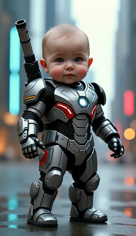 A realistic image of a human baby dressed as War Machine, standing proudly in a futuristic cityscape. The baby has soft, light skin and a curious expression, wearing a tiny version of War Machines iconic silver and black armored suit. The suit is detailed ...