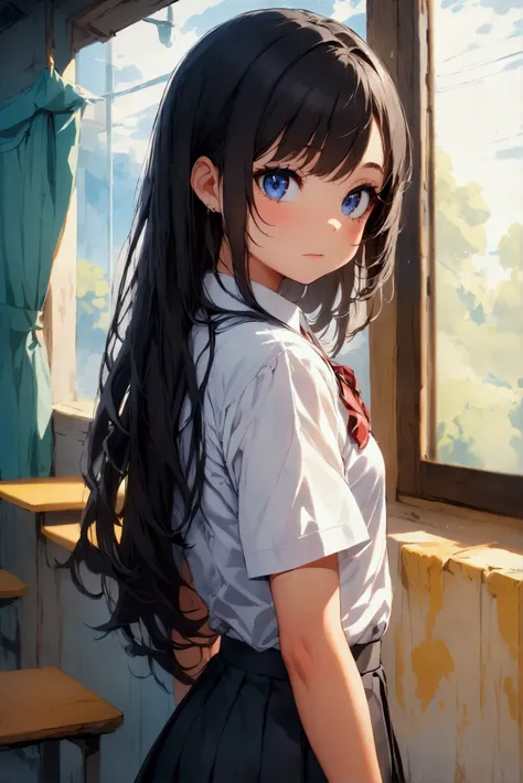 a petite, fit female high school freshman with dark hair and dark blue eyes, wearing a white shirt and dark skirt