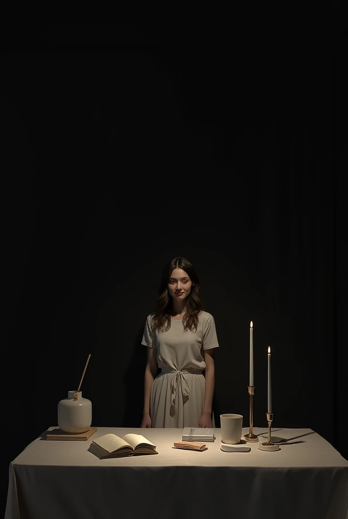 table with black wall background with focus on the top of the table and add a smiling woman looking at the table