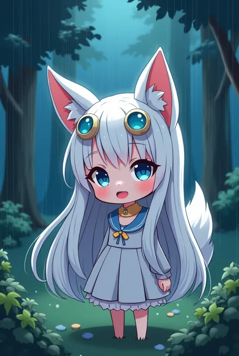 A white-haired woman with white wolf ears and tail with lenses on her head Kawaii cartoon in the woods with naked night rain 