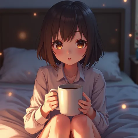 girl after sleeping in a mens shirt ,  sits on the bed , holds a mug in her hands , looks into the eye and bites his lip in an anime style romantically erotic