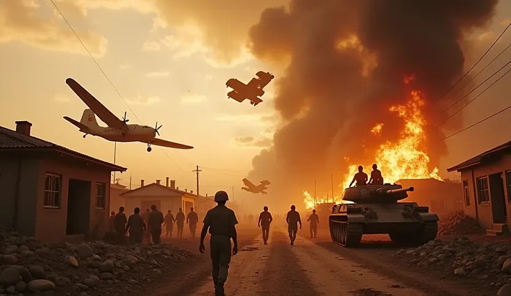 Movie scenes, scenes of destruction, most fierce, fierce, houses collapsing, fires everywhere, planes in ruins, smoke rising, houses in ruins, bullets and smoke everywhere, planes falling to the ground, people sitting on them. Tanks were damaged, soldiers ...