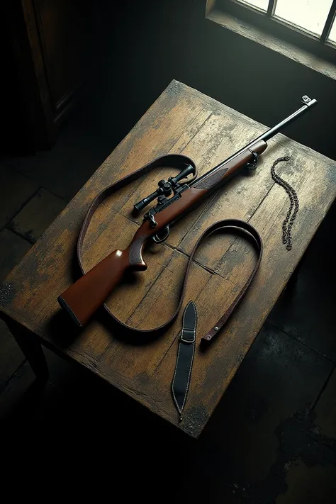  An image for the cover of a book in which you look at an old wooden table from above in a zenith view,  on the table is a leather belt , a necklace and a rifle 