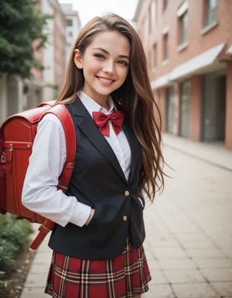 (masterpiece, best quality:1.0), highly detailed,  detail,  1girl , highschool student, long hair, brown hair, UNiform, red bowtie, collared shirt, sweater vest, blazer, black blazer, opened jacket, long sleeves, plaid skirt, brown skirt, outdoor,  smile, ...