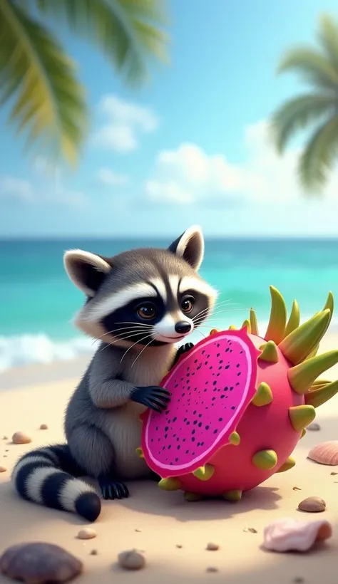 Raccoon with big dragon fruit. Background aria is sea beach 