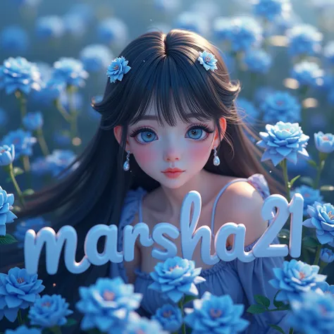 Generate a 3D big cursive font name "MARSHA21" with1girl, Solo, Blush, Long Hair, Bangs, Blue Eyes, Jewelry, Sparkle, Best Quality, blue rose garden in the background From Above, 