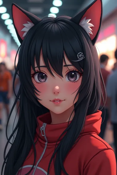 Hiperrealistic 4k hhd Mirando al espectador, smile, fringe, Beautiful Mexican girl with black hair and cat ears with narutos cosplay in anime and manga convention 