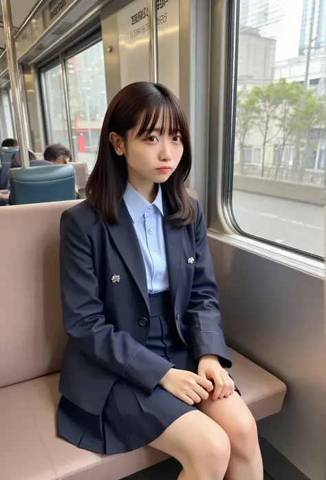   super realistic,  photorealistic depiction of a Japanese high school girl sitting in a train seat.  she wears a traditional school uniform ,   including a navy blue blazer  ,  white shirt,  pleated skirt ,   and a properly tied ribbon or ribbon  .   her ...