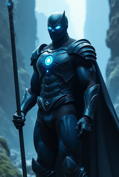 A black-masked superhero wearing an all-blue outfit with an iron rod that controls the elements of nature, the face this is black, armadure this is iron, eyes light blue and gojira big of exercito
