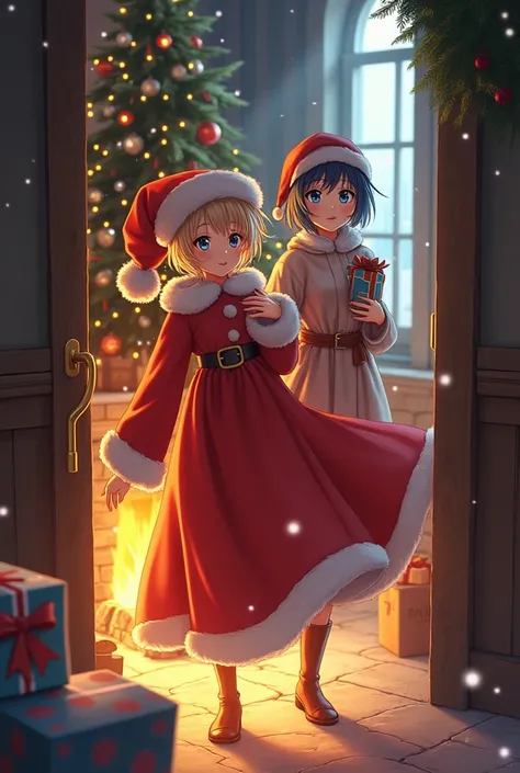  anime beautiful girl、Santa Claus mother and daughter are entering through the chimney to deliver presents