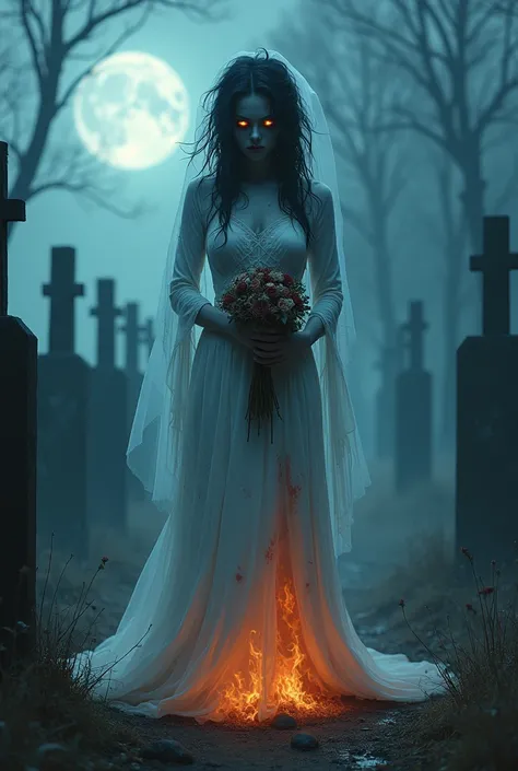 "A ghostly bride, a tragic victim of murder, wearing a tattered, blood-streaked wedding dress. The lower part of her gown is engulfed in otherworldly flames, flickering with a mix of blue and orange light. Her pale, sorrowful face is framed by wild, dark h...