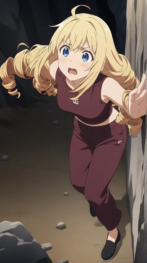 a girl, walking, blonde, long hair, drill hair, ahoge, blue eyes, slant eyes, narrow eyes, scared, fear, desperate, puzzled, maroon sportswear long pants, maroon sportswear, Black platform boots, A woman stands sideways with her back to a cliff, spread arm...