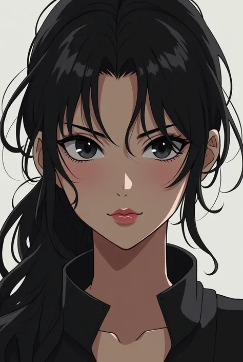 anime about a 30-year-old woman ,  with medium-dark complexion and messy hair long ponytail,  in the color black and slanted black eyes ,  very beautiful lips , pronounced 