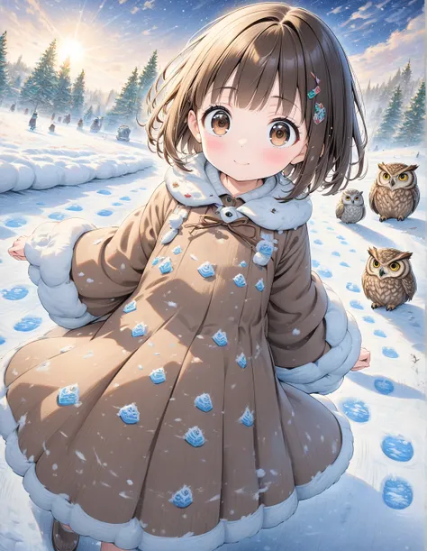 (( style :Colored pencil,Light color)),((Footprints of snow:1.3))、(  Masterpiece  :1.2), Walking on snow,owl， lens flare、 supernatural fantasy、cute、(( Earth-inspired brown dress))、 wide angle，  light effect 、 brown hair、Droopy eyes、 short bob 、18 years old