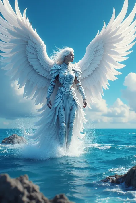  Photorealistic、 absurd determination ,  high definition , (  Masterpiece  : 1.4),  super detailed, Blue Sea, white mandala pattern armor with white mechanic wings,  flight (1.8)  background is wild , 