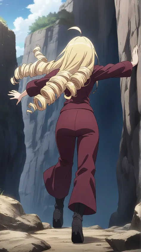 Solo, a girl, walking, blonde, long hair, drill hair, ahoge, blue eyes, slant eyes, narrow eyes, scared, fear, desperate, puzzled, maroon sportswear long pants, maroon sportswear, Black platform boots, A woman stands sideways with her back to a cliff, spre...