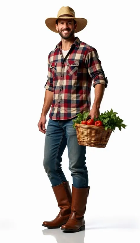 ( top quality,  Masterpiece  :1.3, super high resolution,),( Ultra Details, caustics ),(Photorealistic 4k）A man in a plaid button-down shirt, durable work jeans, leather boots, and a straw hat, holding a basket of freshly picked produce.   white back groun...