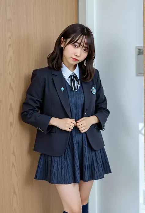 (8k、 RAW photos 、 top quality、  Masterpiece  :1.2)、( realistic 、 Photorealistic)、 1 girl、(( the beauty of the face with attention to detail 、Loafer Uniform、Dark blue socks、 blazer、Big Breasts、classroom、 ponytail、 seen from the front 、 stand with legs open、...