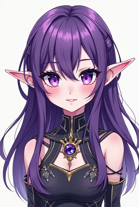  a drawing of a girl with purple hair and a purple nose, Line art by Kanbun Master , reddit, what is?,  elvish character with an ironic smile ,  dark purple-haired and cybernetic  , She has purple hair, visual novel sprite, drown, evil smile, portrait knig...