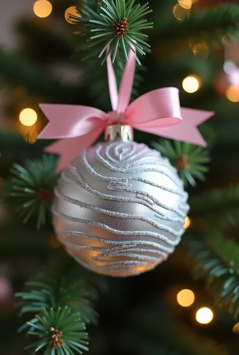 A silver Christmas sphere that has a light pink ribbon on top of the sphere to be placed on the tree and that has wave-shaped lines with light pink frost 