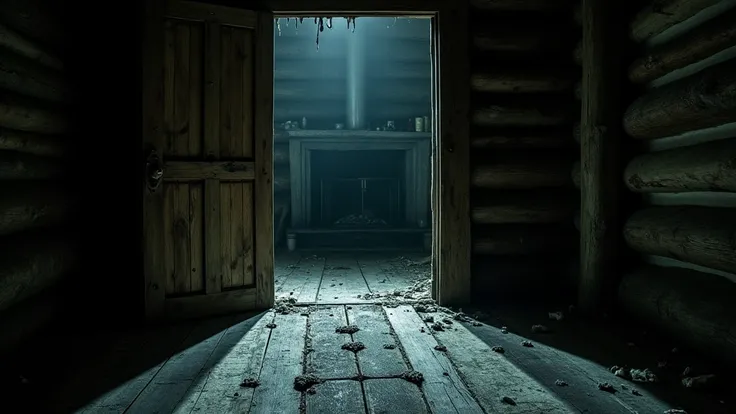 High Quality, HD, "A dark, eerie lodge deep in the Colorado mountains. The entrance is old and weathered, with a cold, thick air that feels suffocating. Inside, long, jagged claw marks scar the wooden floor, leading toward a dark, foreboding fireplace. The...