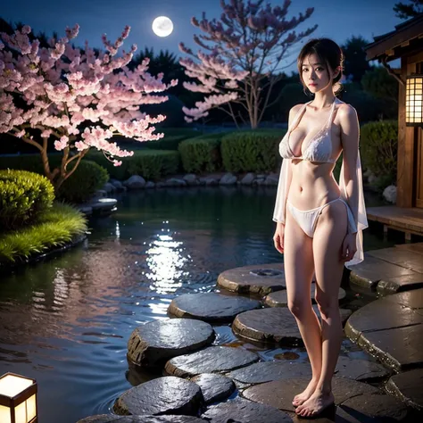 a beautiful young girl，Firm Big  ，Upright nipples，cleavage，Cast a soft glow on a quiet ，Moonlight Obsidian ，Standing in a hot spring environment full of flowers，Translucent white tulle kimono， A detailed pattern and design ，get wet，A beautiful Japanese gir...