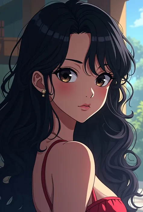 anime about a 30-year-old woman , with medium-dark complexion and long curly curly hair,  in the color black and slanted black eyes ,  very beautiful lips , pronounced 