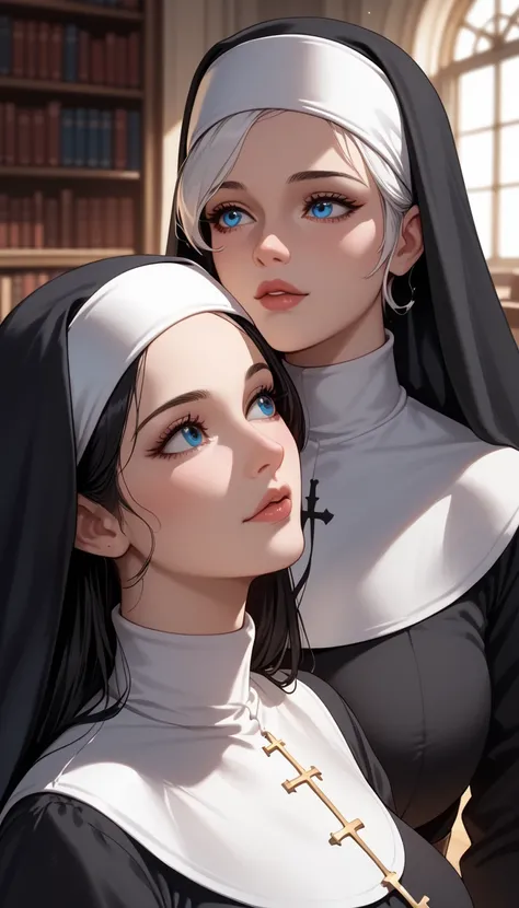 The mother of all nuns ,  is looking forward ,  close of the camera on her face angle from the waist up , is standing,  shes in a library ,  looking at the other nuns , look serene,  put on a red station wagon , bright blue eyes,  long straight black hair ...